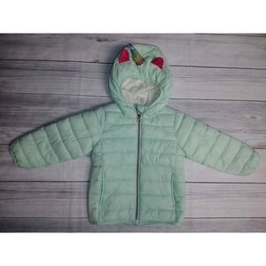 Kids 2T Mint Green Puffer Jacket Unicorn Hooded Zip Front Cozy Winter Outerwear